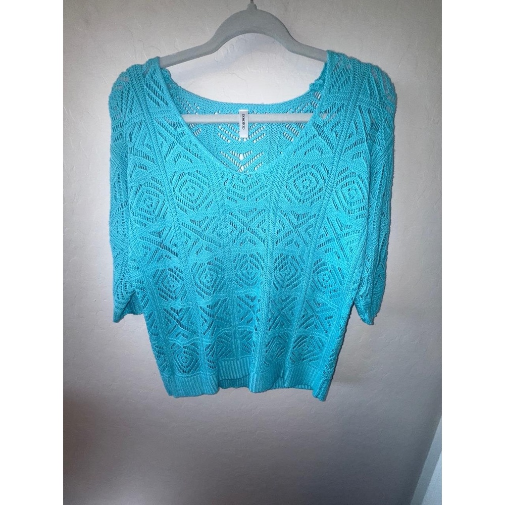 DOKOTOO Sweater Womens Medium Turquoise Crochet VNeck Short Sleeve Boho‎ Trendy